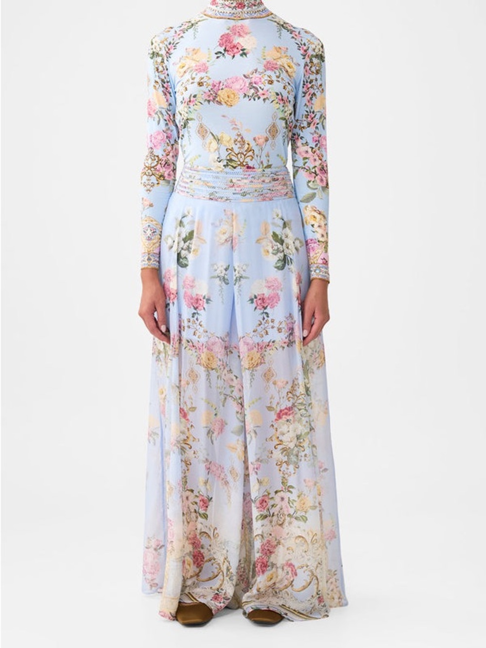 CAMILLA Tiled In Time Waisted Wide Leg Pants 100% Silk Floral Blue Medium